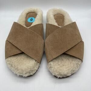 New Marc Fisher Women's Slides Canna Cozy Brown Suede Genuine Shearling Size 6